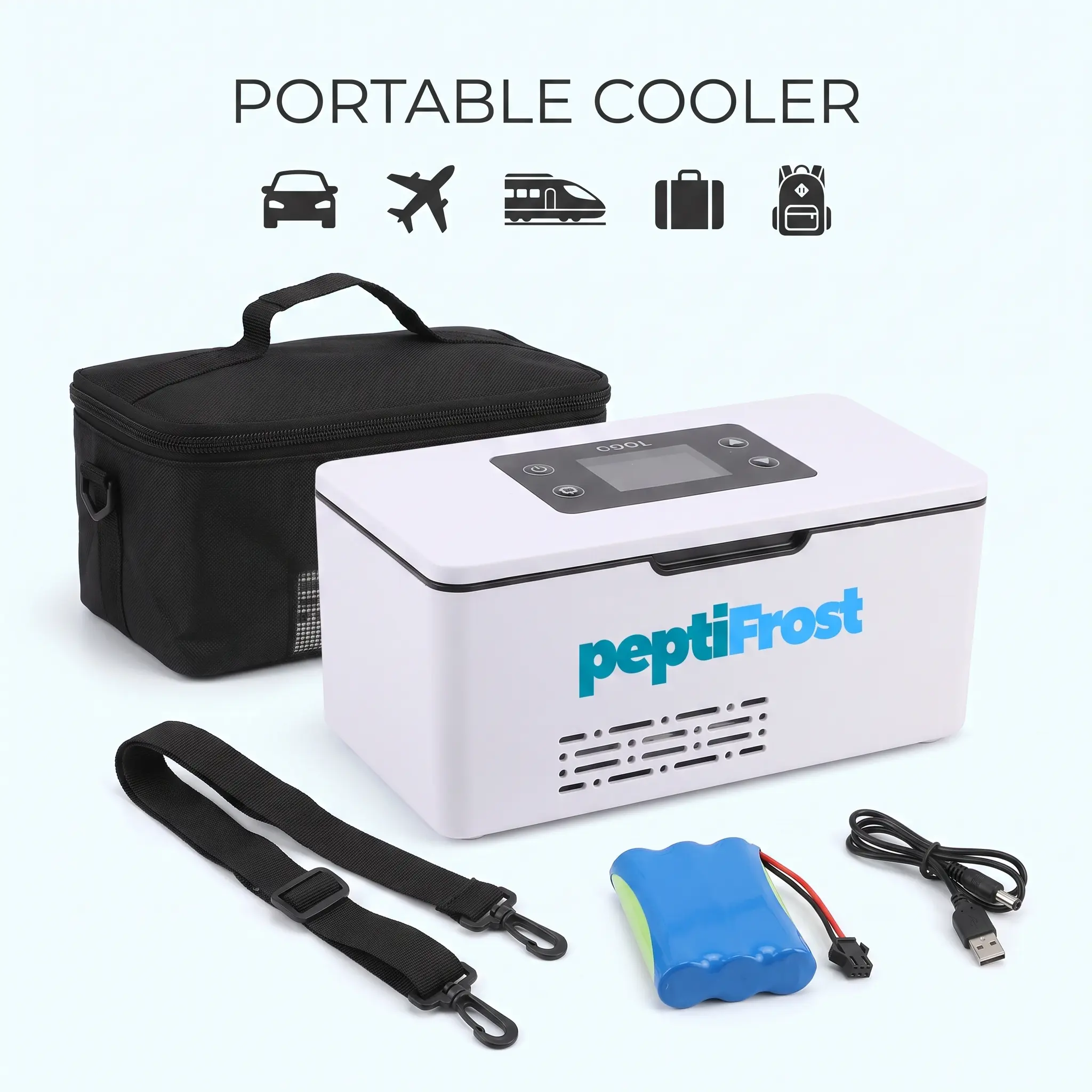 PeptiFrost Portable Travel Cooling Case, Mini Refrigerator with LED Temperature Display, Rechargeable Battery