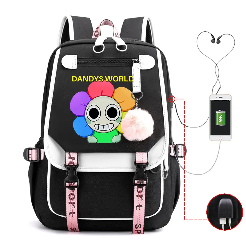 Dandy's World Flower Cartoon Character Print School Backpack, Contrast Color Casual Daypack with Earphone Hole & Fluffy Pom Pom Pendant
