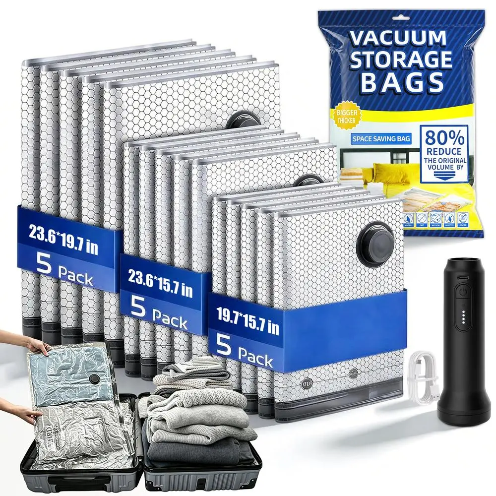 Vacuum Bags For Travel All In One Household Trip Compression Set, Reinforced Waterproof Pouches, Built-In Rechargeable Pump for Comforters and Sweaters