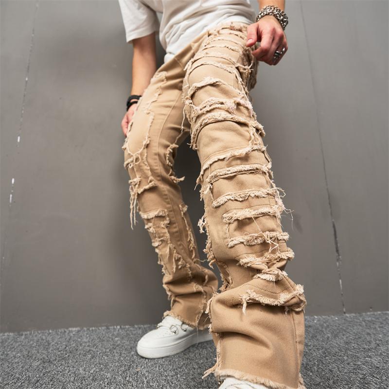 Men Stylish Vintage Khaki Stacked Spliced Slim Flared Jeans Pants Streetwear Hiphop Male Straight Biker Denim Trousers