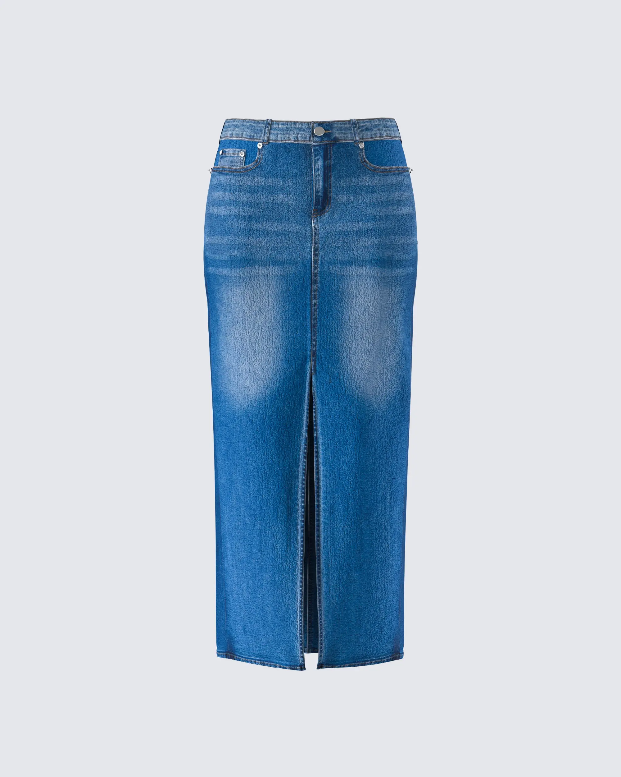 Women's Vincent Blue Hip-Fitting Straight Cut Floor-Length Chunky Denim Bottom Maxi Skirt with Buttons, Pockets, and a Slit, Fitted, Chic