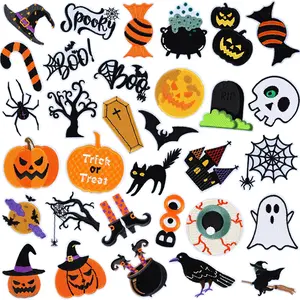 32pcs Halloween Pumpkin Iron on Patches Pumpkin, Bat,, Witches Hats, Broomsticks Sew on Embroidered Applique Patch DIY Crafts Festive Gifts for Clothing Hat Shirt Bag Jeans DIY Decorations