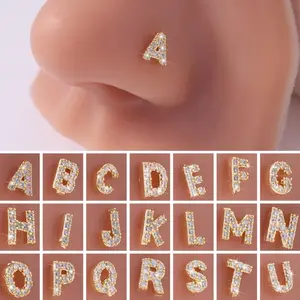 1pcs Crystal Initial Nose Ring Inlaid Zircon Letter Nose Stud Tiny Alphabet Nose Piercing Jewelry for Women Girls Earrings