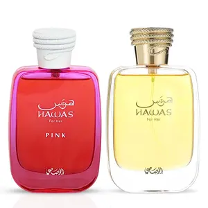 Hawas Pink For Her & Hawas For Her Eau de Parfum Sprays 100ml (3.4 oz) by Rasasi | A Fragrance Pair That Redefines Luxury for Her (Bundle)