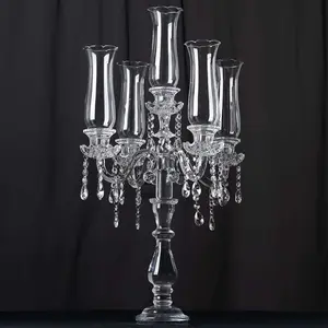 5 Arm Crystal Glass Taper Candle Holder Candelabra, Stylish Table Centerpiece With Chandelier Chains 32"