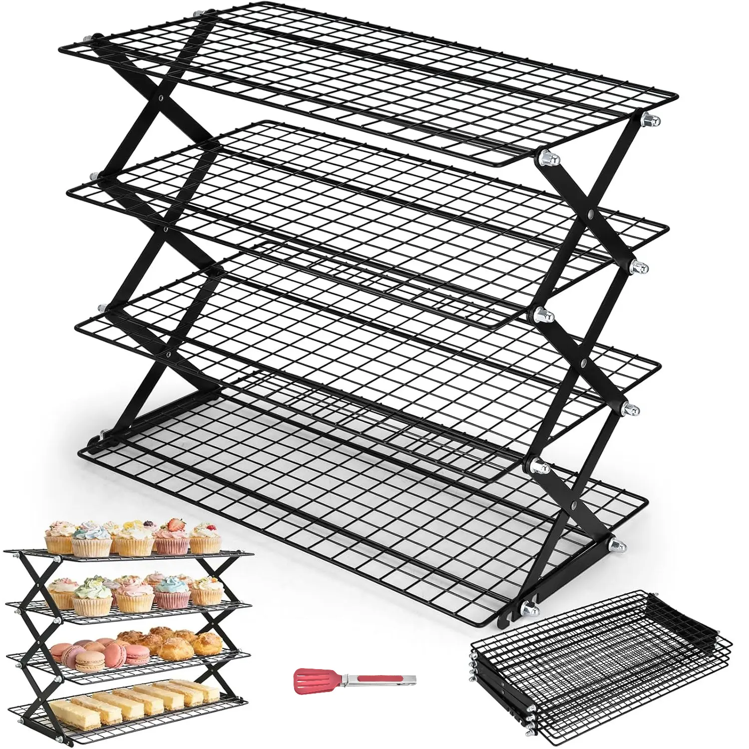Collapsible Cooling Rack 4 Tier, Stackable Cooling Racks for Baking, Cookies, Bread, Cake, Roasting, Grilling, Drying