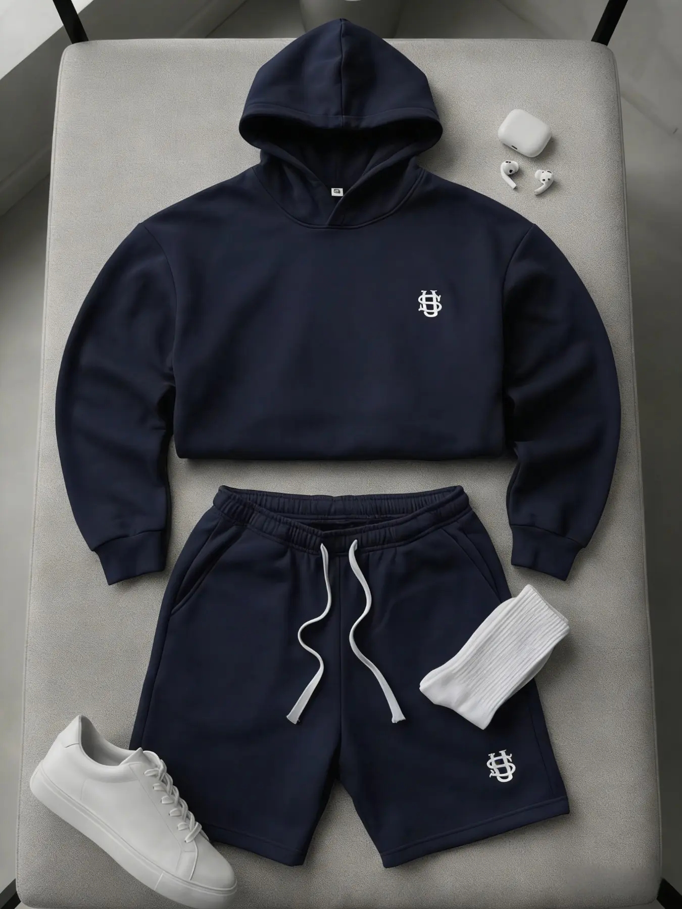 Men's Embroidery Oversized Soft Hoodie & Shorts 2 Piece Menswear, Casual Long Sleeve Hooded Sweatshirt, Elastic Waist Shorts, Streetwear Fashion, Casual Style Set