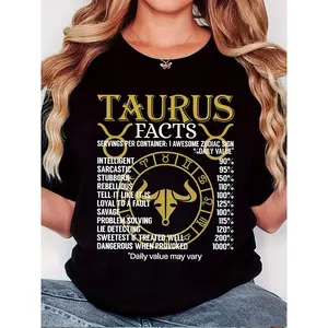 Women's Taurus Zodiac Graphic Tee - Black with Golden Astrological Print, 100%, Round Neck, Short Sleeve, Casual & Sporty Style, All-Season Comfort, Machine Washable, Bold Astrological Design, Perfect for Casual Attire