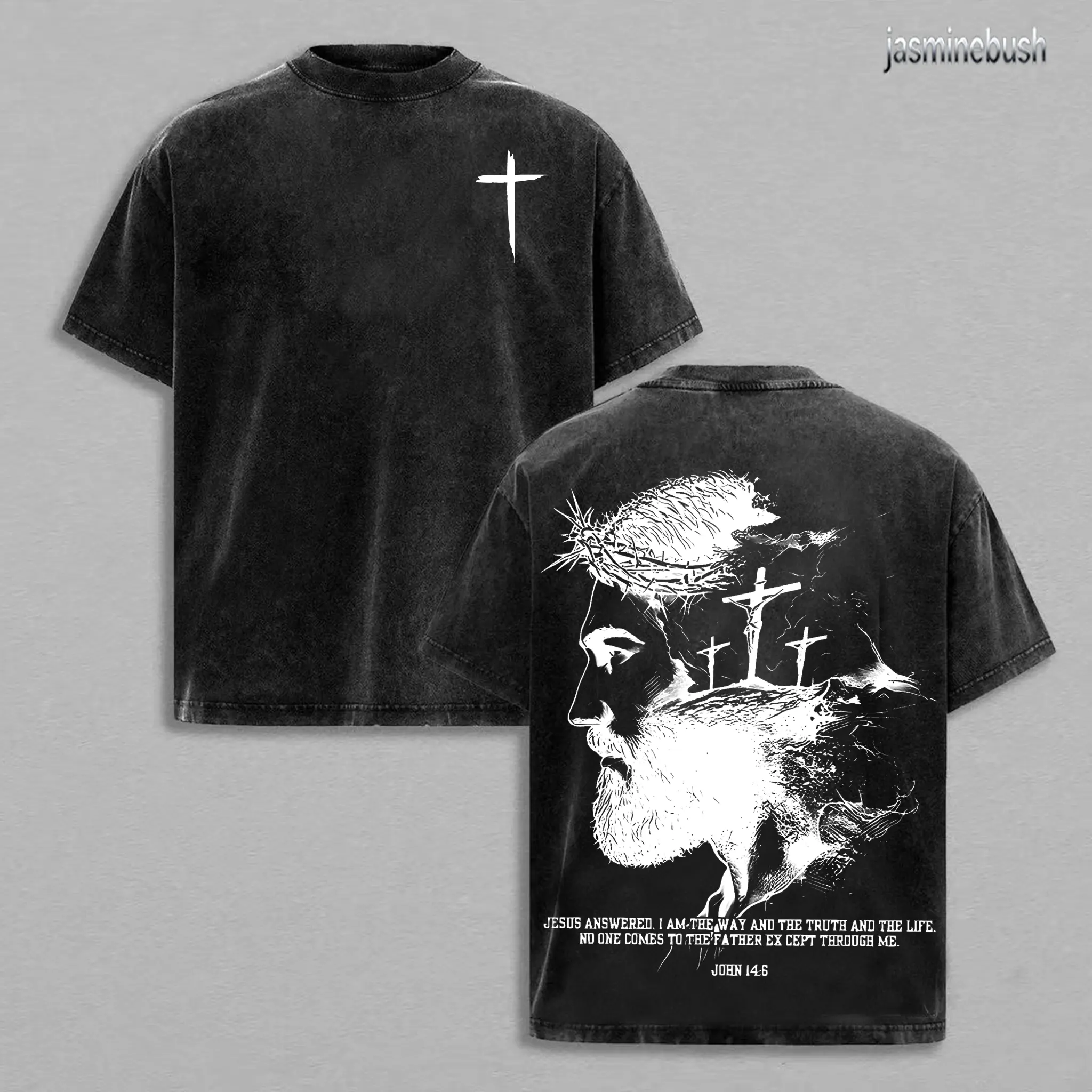 John 14:6 Vintage Washed Oversized Christian T-Shirt, Jesus Portrait Faith Graphic Tee, Heavy Cotton Dark Scripture Streetwear Top, Unisex Retro Worship Shirt for Believers