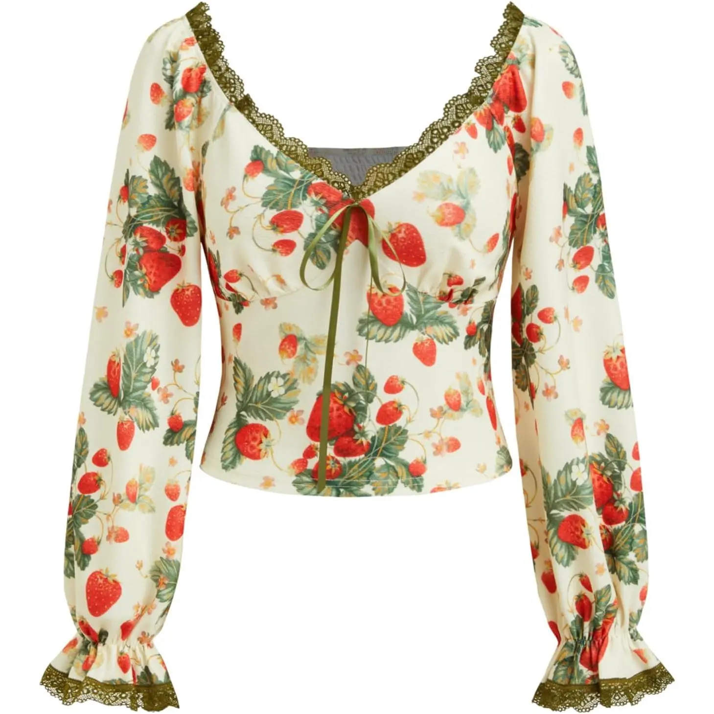 Women's Cute Crop Tops Strawberry Long Sleeve Tops Lace Trim V Neck Shirts Casual Spring Fall Outfits Y2K