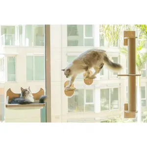 Four-in-one window-mounted cat wall shelf--hammock, scratching post, and cat platform| Can bear up to 40 pounds| Space-saving pet furniture, suitable for windows, glass, and drywall| Modern Wooden Cat Shelf Set