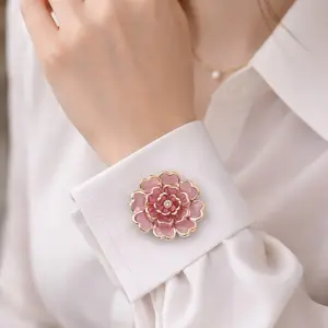 Pink Flower Button Cover, Camellia Shirt Accessory, Gold Tone Button Jewelry, Elegant Blouse Accent, Removable Fashion Detail