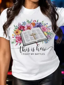 Women's Christian Faith T-Shirt - Bible Verse "This is How I Fight My Battles" & Floral Cross with Psalms 23:4 Design - Soft Short Sleeve Church Outfit Spiritual Gift for Church Prayer Casual Attire - Machine Washable Religious Apparel