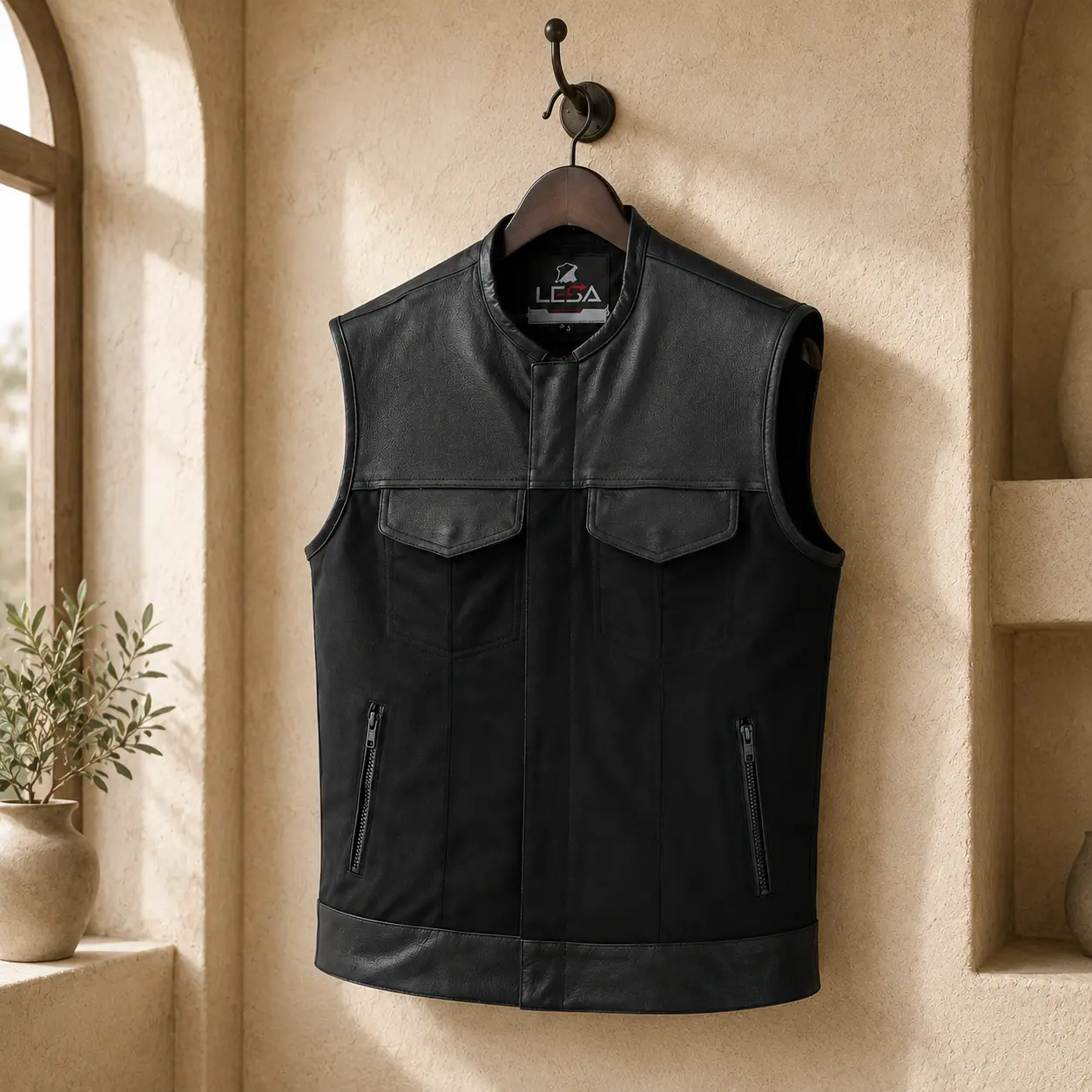 Collarless Men’s Cordura Motorcycle Vest – Textile Biker Vest with Cowhide Leather Trim, Concealed Carry Pockets & Dual Closure