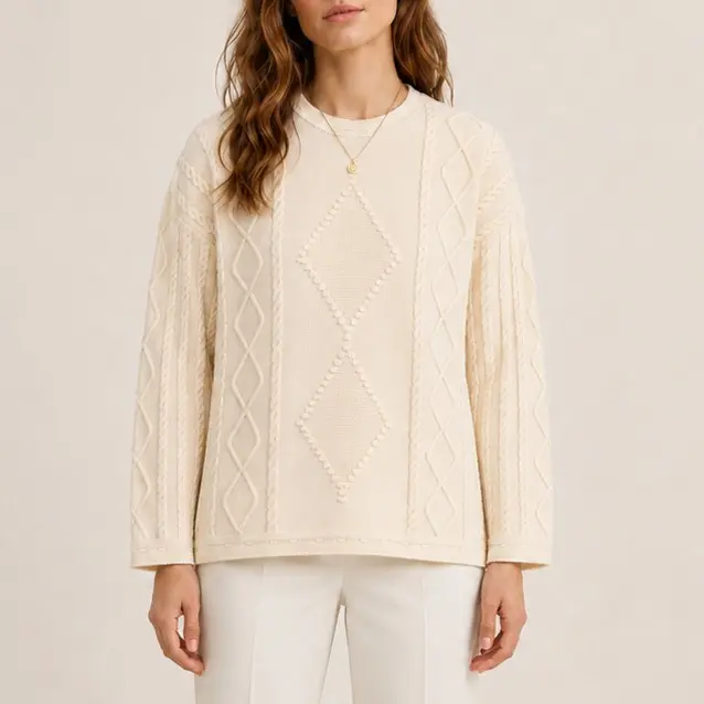 Women's Cozy Cream Diamond Cable Knit Pullover Sweater, Classic Crewneck - Womenswear Knitwear Collared Gorgeous