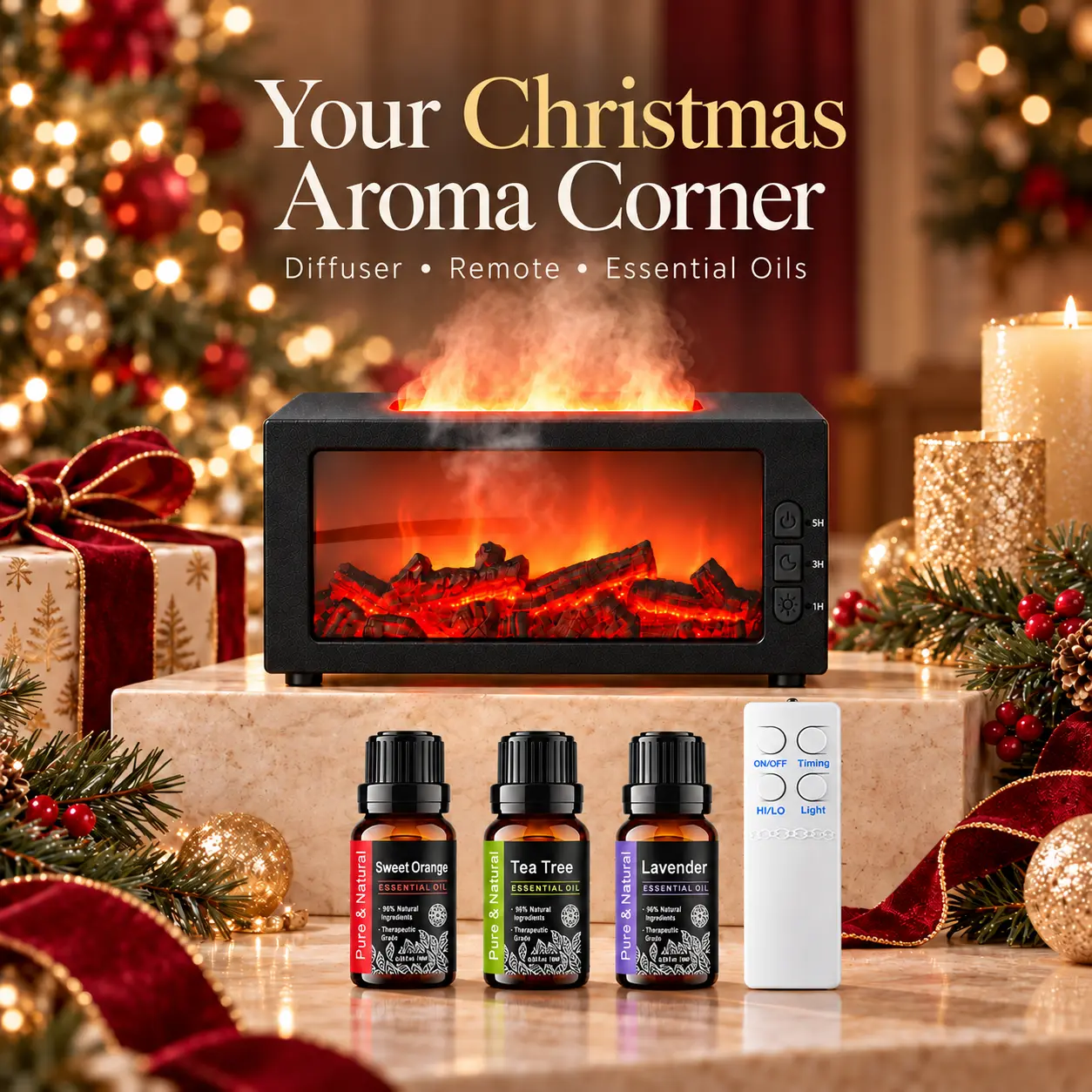 Fireplace Humidifier with Realistic Glowing Embers, Desktop Fine Mist Humidifier & Christmas Décor, Christmas Gift – Christmas Limited Edition diffuser aroma