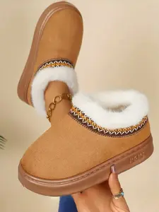 Women’s Slip-On Winter House Slippers Boots – Fluffy Snow Boots Thick Plush Lined Snow Slippers with Embroidered Ethnic Style Trim, Soft Warm Upper and Cushioned Insole, EVA Sole for Indoor & Outdoor Use, Stylish Classic Design for Home, Office & Gift