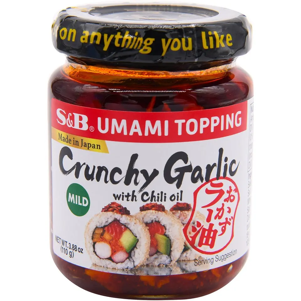 S&B Spicy Savory Flavor Chili Oil with Crispy Bits & Crunchy Garlic, 3.9oz Ambient Cooking Sauce - Instant Ramen Toppings, Versatile for Rice, Delicious Snack Dip