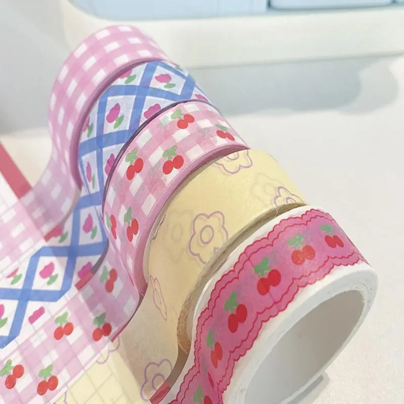 Pink Grid Cherry Flower Pattern Washi Tape, 5 Counts/set Colorful Scrapbooking Tape, DIY Decorative Tape for Journal Making, Gift Wrapping