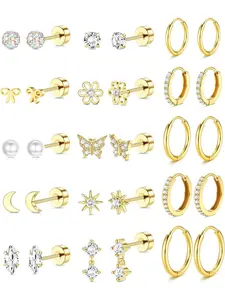 14K Gold Plated Flat Back Earrings - Hypoallergenic Stainless Steel Stud Hoop Earrings for Women Girls, Cute Studs Earrings Set Small Huggie Hoops Cartilage Earring Stacks, High Quality Earrings