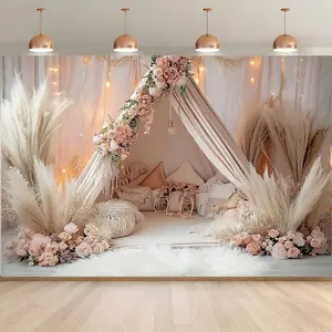 1pc Floral Backdrop Elegant Pink Brown Tent Blush Flower Patterns Soft Design for Photography Backdrop Birthday Party Cake Table Background Live Stream Wedding Decor