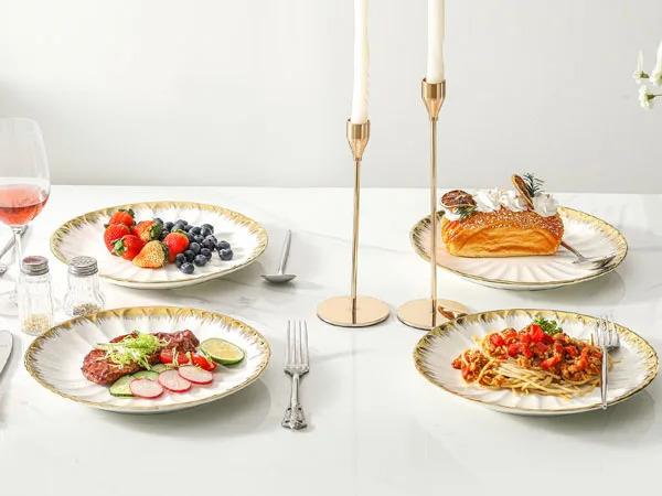 LETAOTAO Factory Supply Eco-Friendly Round White Porcelain Ceramic Steak Plate Dinner Set with Gold Rim