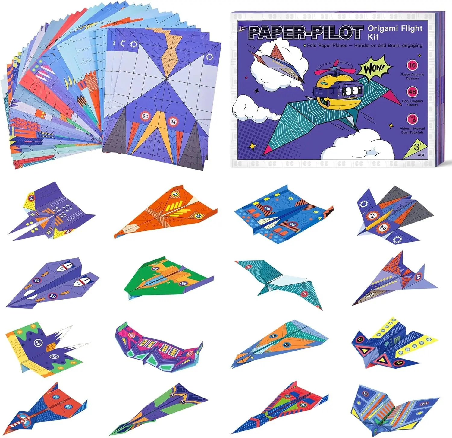 Paper Airplane Book 16 Creative Folding Paper Planes with 48 Sheets of Colorful Origami Paper Arts & Crafts Kit with Video Tutorials – Gifts for Boys and Girls Ages 3–12