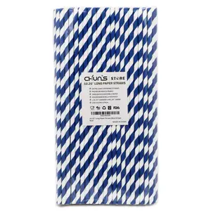 10 Inch Long Disposable Drinking Straws Paper - Navy Blue Striped, 100 Counts - 100% Biodegradable