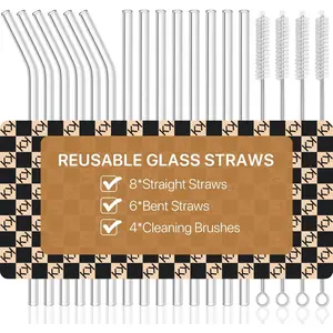18-Pack Glass Straws,  Clear Glass Drinking Straws Set, 8.5 Inch x 10mm - Includes 8 Straight and 6 Bent with 4 Straw Cleaner Brush,  for Smoothies, Milkshakes, Juice,