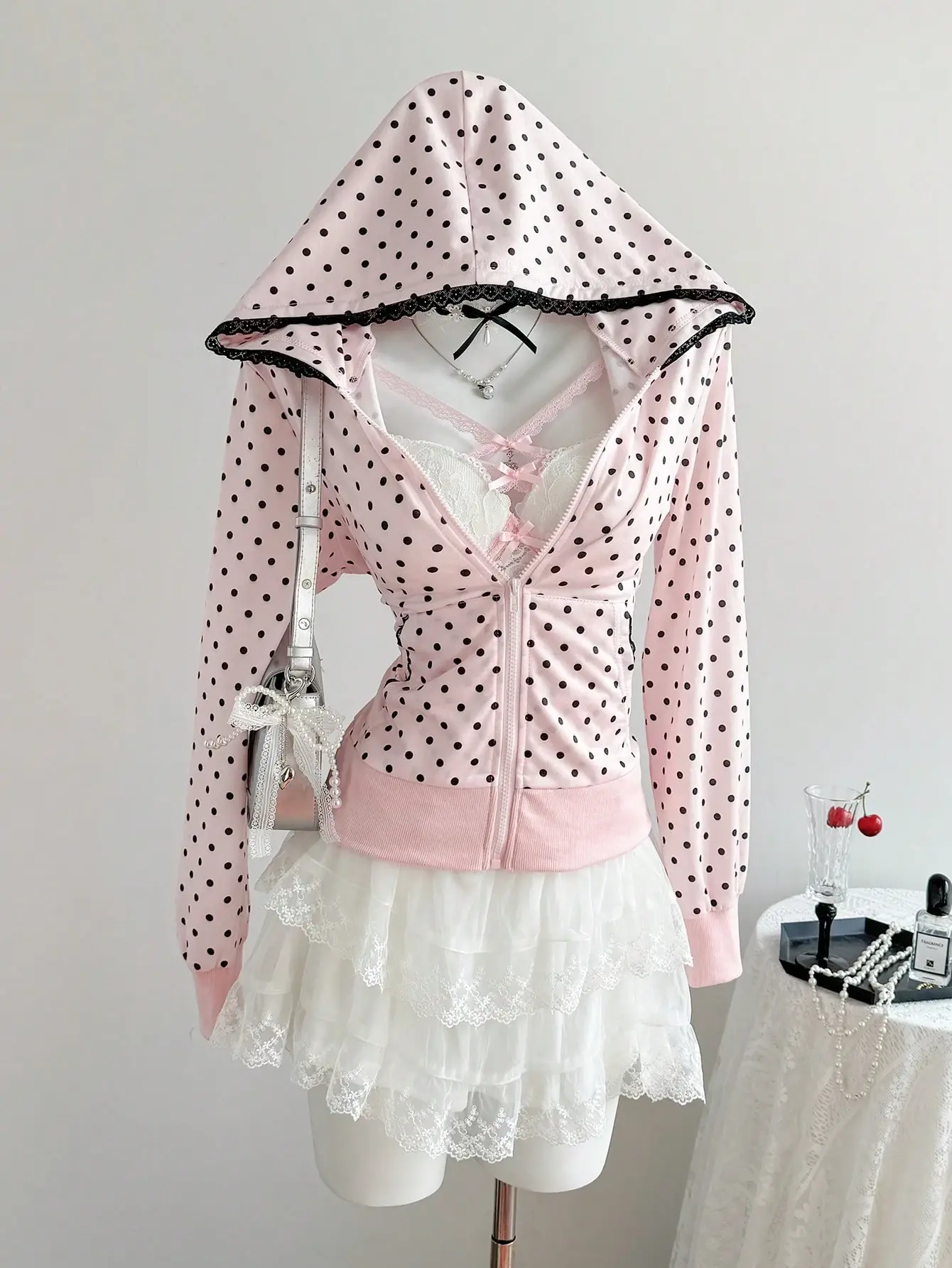 LALUZ Y2K Pink Polka Dot Zip-Up Hoodie Women's Black Lace Trim Summer Casual Sweet Cute Vacation Everyday Look