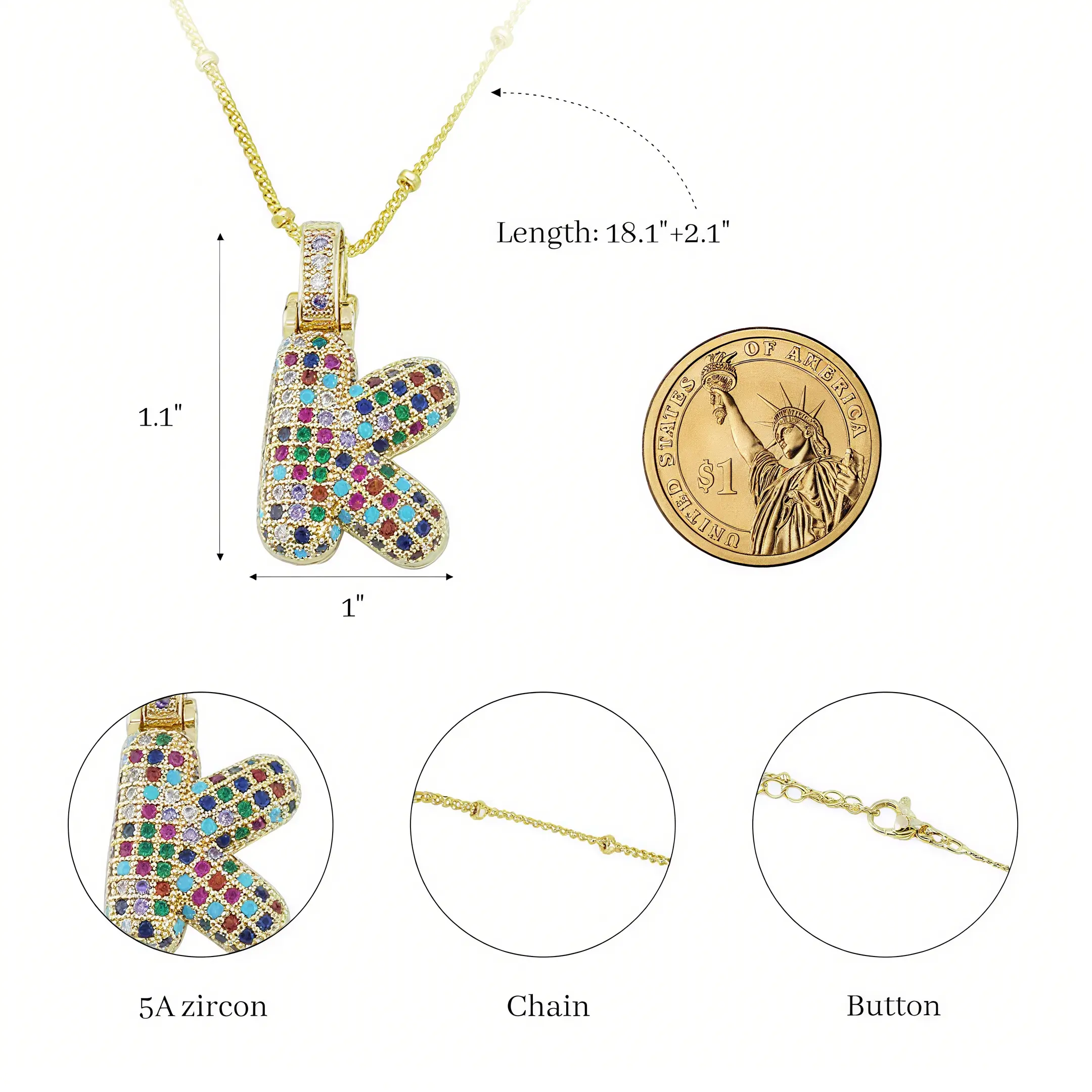 SIXFOX Color Bubble Letter Necklaces Customized initial necklace 14K Gold & Silver Zirconia 20-inch Chain necklaces for Women Fall Fashion Stackable Jewelry Gifts Waterproof Fashion Gift  Idea