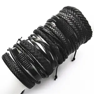 FASHION4U - 10 Pcs/set Black Wrap Woven New Fashion Handmade Men Bracelets Male Women Leather Bracelets Men Bangle  Jewelry Gift