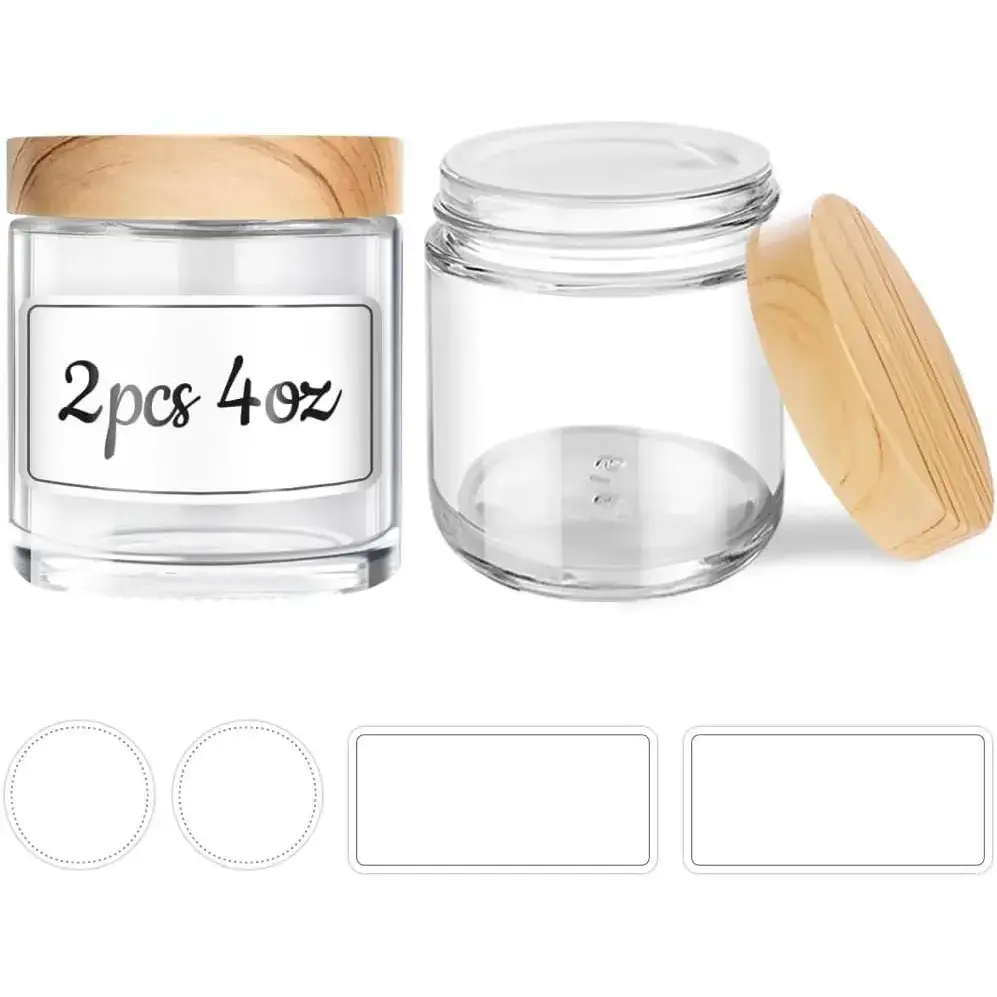 2-Pack 4 oz Durable Glass Jars with Plastic Woodgrain Lids & Inner Liners, Reusable Travel Beauty Bottles for Creams, Moisturizers, Face Masks, DIY Slime, Portable, Screw, 4Oz, Airtight Seal, Canister, Clear-2 Pack-4Oz, Stickers, 4 Fluid Ounces