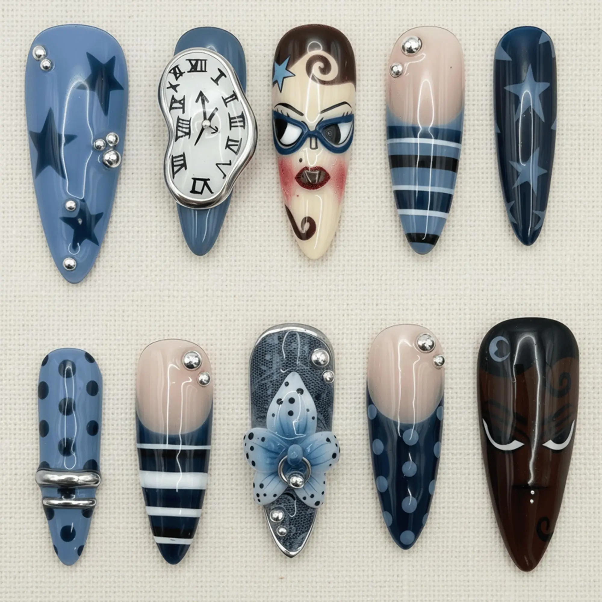 Blue Abstract Face Press On Nails, Retro Pop Art Nail Set, Kawaii Gel Nails, Trendy Funky Handmade Nails