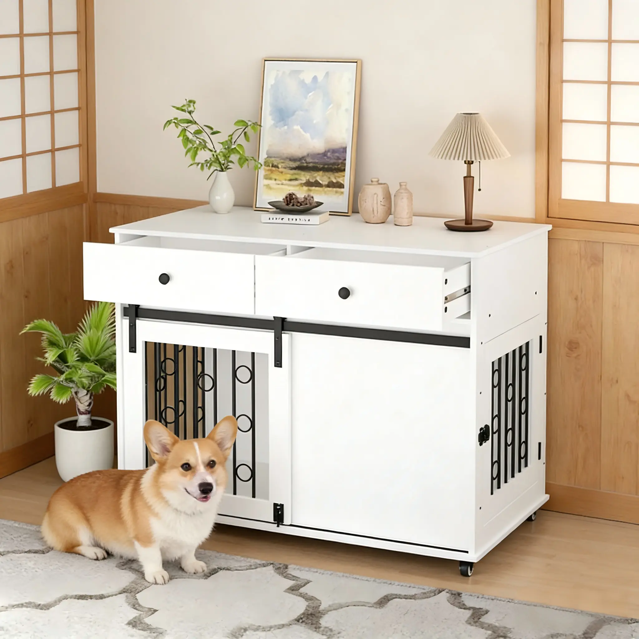 White Dog Crate Furniture with Sliding Barn Door, 39.37in Pet Kennel End Table with Double Drawers & Lockable Wheels, Stylish Dog Cage for Small Medium Dogs