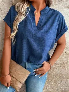 A women's casual V-neck short-sleeve blouse shirt in a low-saturation deep blue, featuring a loose, dropped-shoulder fit. Suitable for everyday casual wear, light commuting, traveling, and wearing at home, comfortable and versatile Womenswear Top