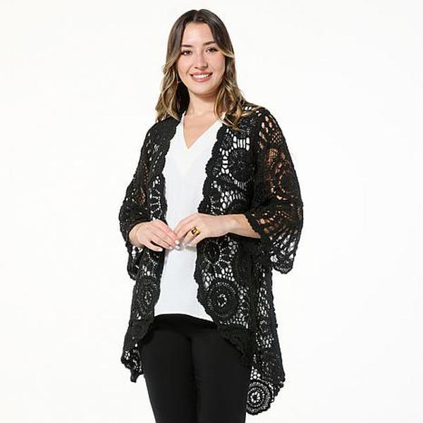 Nina Leonard Bell-Sleeve Open Front Crochet Cardigan