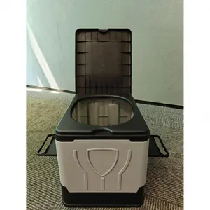 Foldable camping toilet with lid, made of shock-resistant and shatter-proof PP material, featuring a sophisticated gray and black design, compatible with various vehicle models, equipped with waste container and tissue holder.