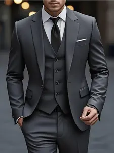 Elegant Men'S 3pcs Slim Fit Collared Tuxedo Set | Black Menswear Suit with White Shirt & Pants, Perfect for Weddings, Formal Occasions, Office Meetings, and Elegant Events | Non-Stretch Fabric, Lapel Collar, Solid Color, Long Sleeve