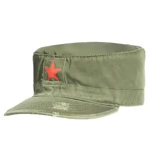 Olive Drab Military Vintage Fatigue Cap with Red Star - Washed Army Field Cap