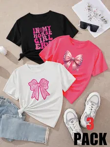 3-Piece Bow Girl T-Shirt Set, Cute Cartoon Rhinestone Print, Slim-Fit Casual Top, Casual Tee, Ages 4-12, Summer for School & Outdoor Activities