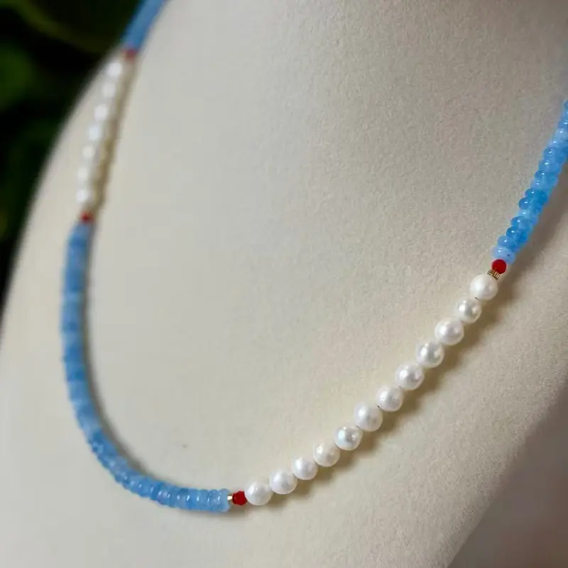 Stainless steel natural blue chalcedony fresh water pearl necklace