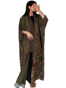 New Muslim Women's Earth Tone Watercolor Abaya, Loose Fit Long Sleeve Robe, Elegant Casual Wear, All Seasons, No Headscarf Included