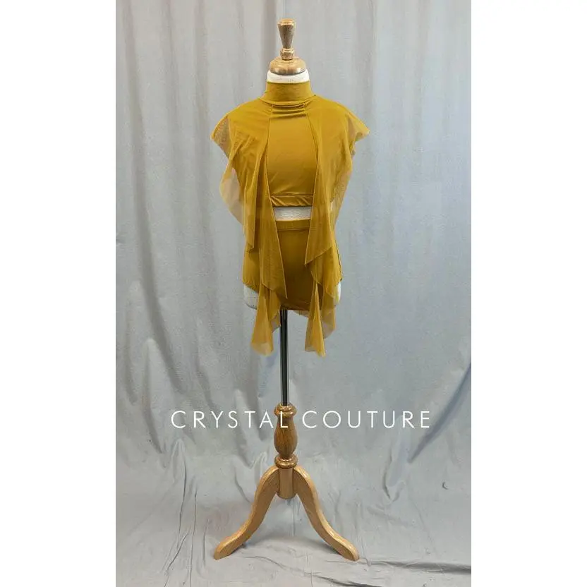 Mustard Yellow Mock Neck Two Piece with Mesh Drape Sleeves