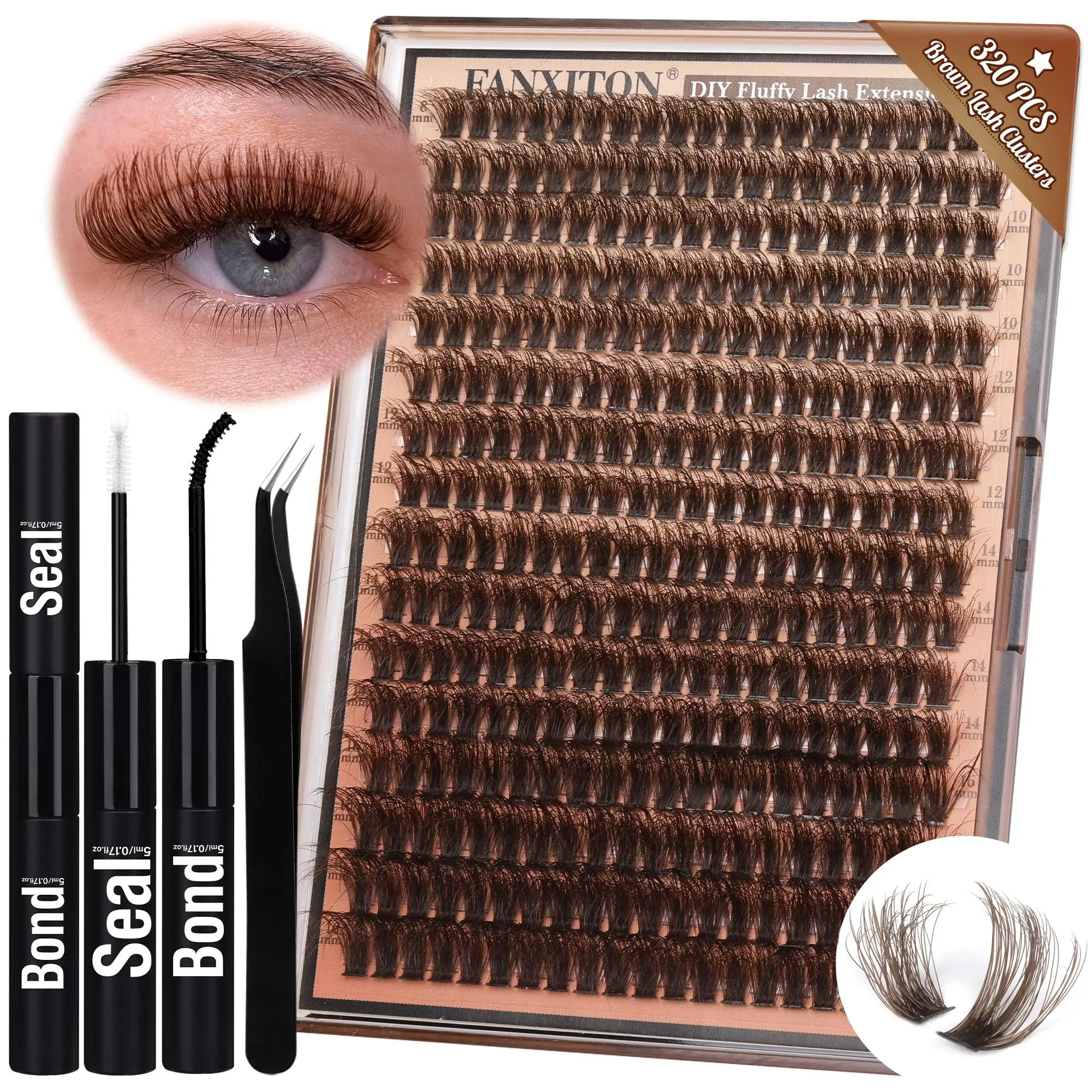 Brown Lash Clusters 320Pcs Lash Extension Kit Fluffy DIY Eyelash Extensions Kit Natural Look Cluster Lashes D Curl 8-16MM Mixed with Lash Bond and Seal Lash Tweezers for Lash Clusters Kit DIY at Home