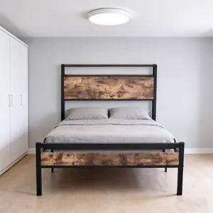 Different Size Metal Platform Bed Frame with Wooden Headboard and Footboard. Features robust metal slat support, no box spring required, delivering exceptional stability and a streamlined, modern aesthetic for your bedroom.