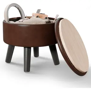 Small Foot Stool Ottoman with Storage, Faux Leather Ottoman Foot Rest for Couch, Round Footstool Ottomans for Living Room (Brown)