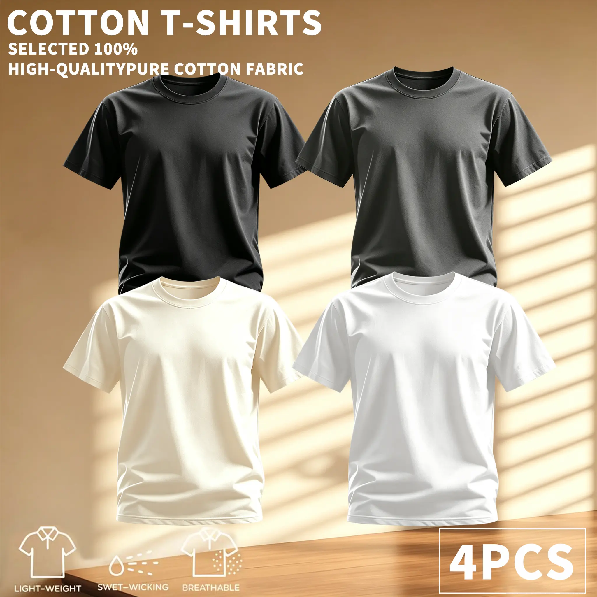 4-Pack/1-Pack Men’s 100% Cotton Crew Neck T-Shirts, Solid Color Minimalist Style, Lightweight Fabric, Breathable & Sweat-Wicking, Loose Basic Short-Sleeve Casual Tops