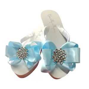 Big Jewel Satin Bow Flip Flops, Bridal Sandals or Quinceanera, Vacation Destination White Flat or Low Heel