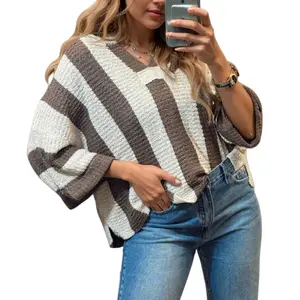Asvivid Stripe Colorblock V Neck Bracelet Sleeve Sweater for Women Knitwear Pullover Tops Womenswear Stylish Casual Outfit
